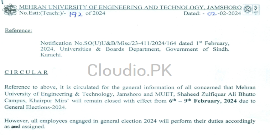 MUET Announces Public Holidays for General Elections 2024 and Kashmir Day